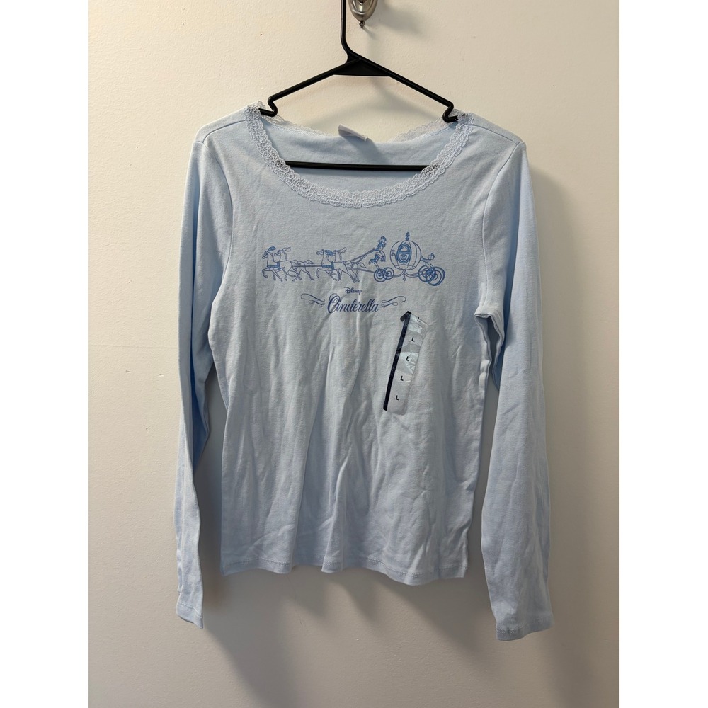 Disney Princess Cinderella Top Women Large Blue Coquette Lace Trim Long Sleeve